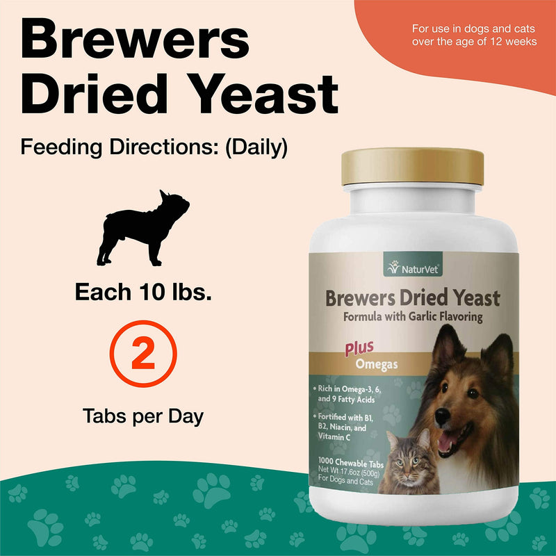 NaturVet Brewers Dried Yeast Formula with Garlic Flavoring Plus Omegas for Dogs and Cats, Chewable Tablets, Made in the USA 1,000 Tablets - BeesActive Australia