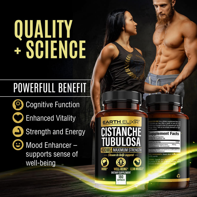 Earth Elixir Cistanche Tubulosa 400 mg (180 Capsules) 3 Months Supply – Made in USA- Max Purity - Cistanche Supplement - Zero Fillers – Gluten Free - Vegan - Nootropics - 100% Pure Cistanche Herb - BeesActive Australia