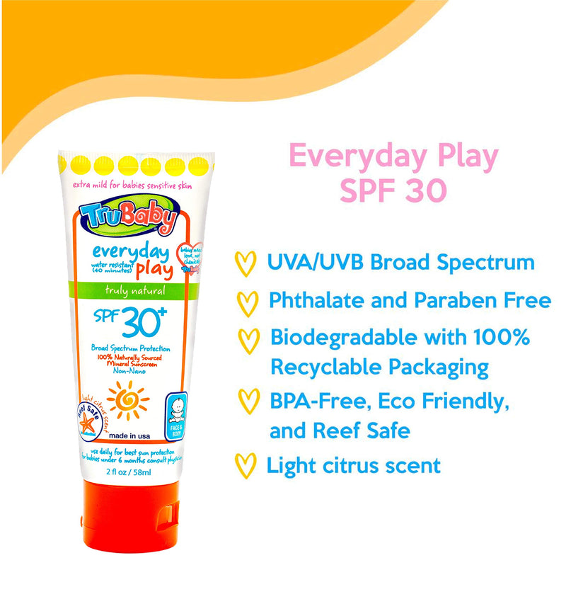 TruBaby Everyday Play SPF 30+ UVA/UVB Protection Sunscreen Body Lotion, Water Resistant Mineral Based Protection For Baby, Light Citrus Scent, Reef Friendly, All Natural Ingredients (2 fl oz) - BeesActive Australia