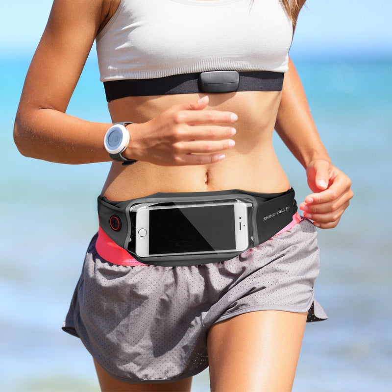 Rhino Valley Running Belt Waist Pack, Sports Fanny Pack Fitness Workout Belt, Dual Pockets with Clear Touch Screen Compatible with iPhone 13 Mini/iPhone 13/iPhone 13 Pro, iPhone 12/12 Pro,iPhone 11 Black - BeesActive Australia