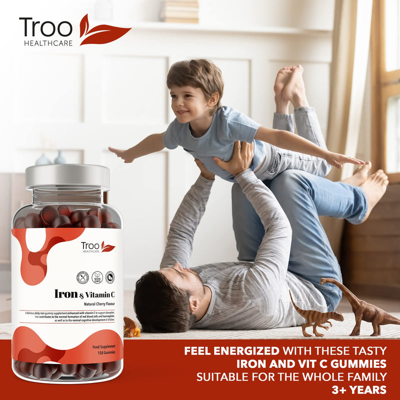 Iron & Vitamin C - 150 Natural Cherry Flavour Gummies - Tasty Chewable Supplement for Men, Women and Kids - Increased Absorption Supports Cognitive Development & Red Blood Cell Formation - BeesActive Australia