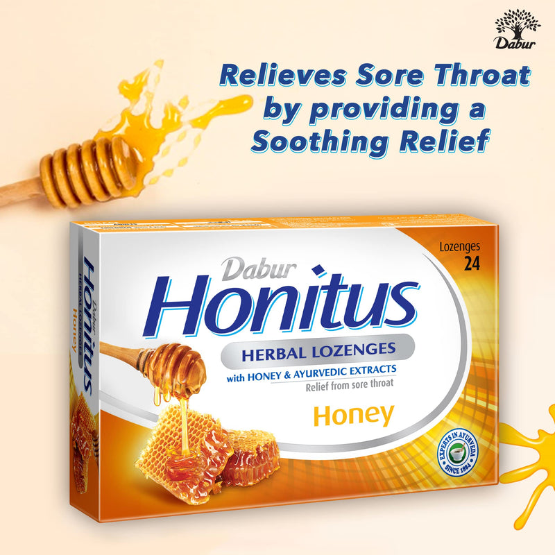Dabur Honitus Herbal Lozenges | Effective Relief from Cough & Sore Throat Pain | Honey Flavor - 24 Lozenges - BeesActive Australia
