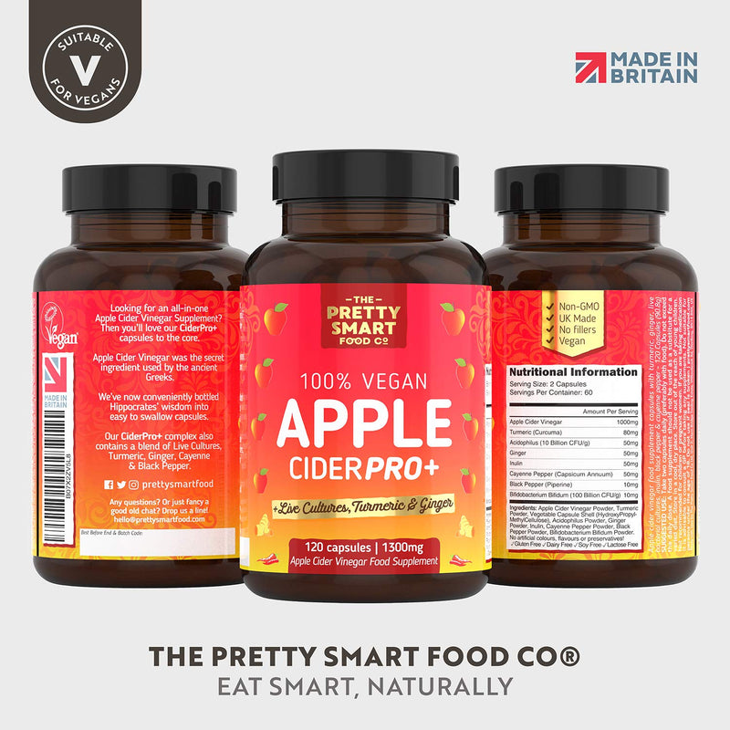 Apple Cider Vinegar Capsules - Boosted with Vegan Live Cultures, Turmeric & Ginger - Raw & Unfiltered ACV Complex - 1300MG Dosage - 120 Capsules - Made the UK - BeesActive Australia