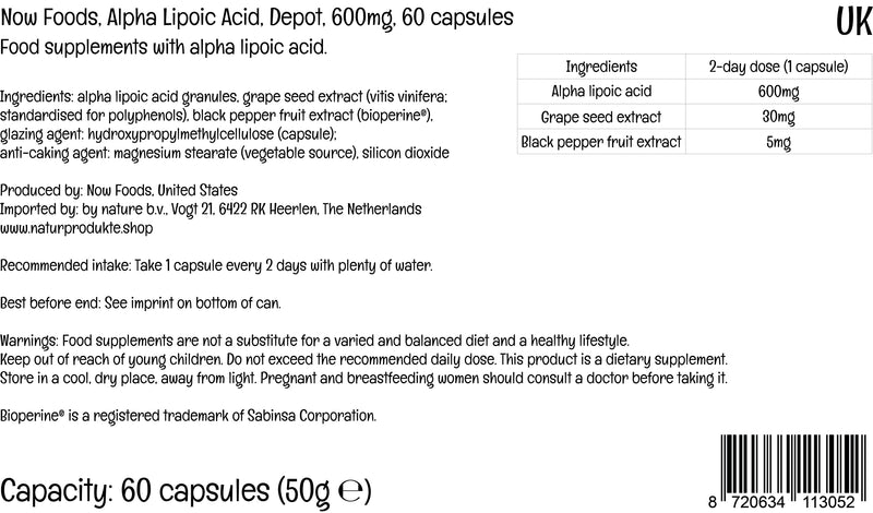 Now Foods, Alpha Lipoic Acid, 600mg, 2-Day Depot, 60 Vegan Capsules, Lab-Tested, Gluten Free, Soy Free, Non-GMO - BeesActive Australia