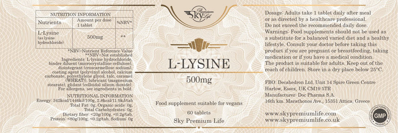 Sky Premium Life L Lysine - 60 L-Lysine Tablets | Vegan L-Lysine 500mg Supplements, 2 Months Supply - BeesActive Australia