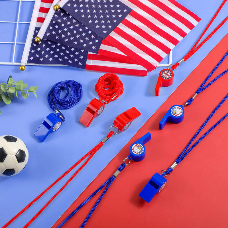 Wettarn 36 Pcs Emergency Whistle with Lanyard Independence Day Whistle for Kids with Patriotic Sticker Whistle Necklace Plastic Sports Whistle Party Favors for Classroom Home Training Red Blue - BeesActive Australia