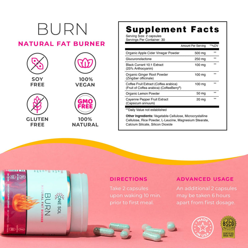 One Sol Fat Burner for Women, Natural Metabolism Booster, Burn More Calories, Boost Energy & Mood, Curb Appetite & Stop Cravings, No Crash or Jitters, All-Natural Ingredients, Gluten & Soy Free - BeesActive Australia