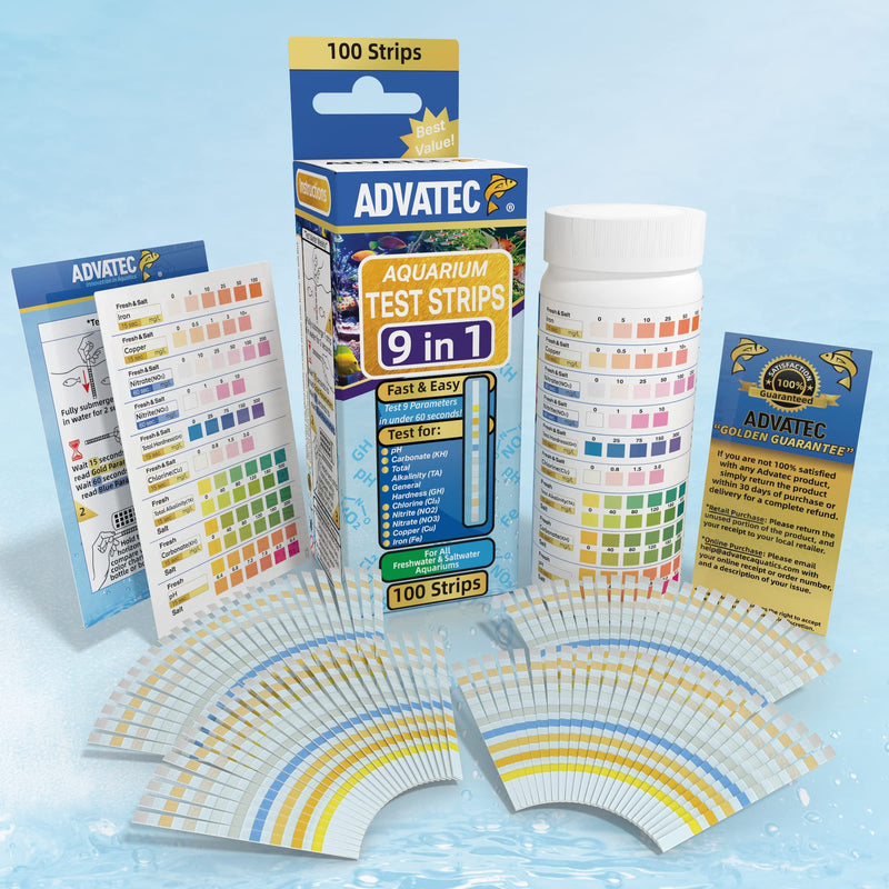 9 in 1 Aquarium Test Strips - For Fresh & Saltwater Aquariums, TEST FOR: Iron, Copper, Nitrate, Nitrite, Chlorine, Total Hardness, Total Alkalinity, Carbonate, pH - Fast LAB GRADE Results! (100 Count) 100 Count - BeesActive Australia