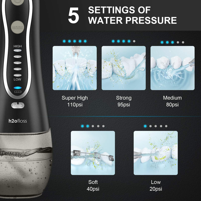 H2ofloss Water Flosser Portable Dental Oral Irrigator with 5 Modes, 6 Replaceable Jet Tips, Rechargeable Waterproof Teeth Cleaner for Home and Travel -300ml Detachable Reservoir - BeesActive Australia