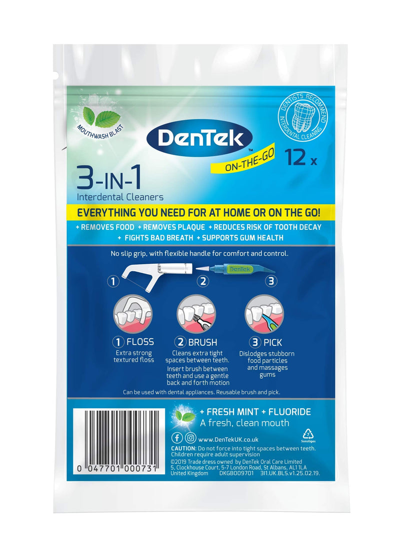 DenTek 3-in 1 Interdental Cleaners - Features an Interdental Brush, Floss and Pick All in One, 12 Pack - BeesActive Australia