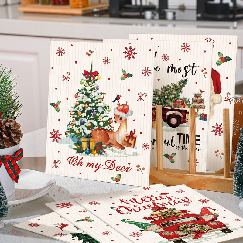 6 Pieces Christmas Swedish Kitchen Table Dishcloths Reusable Christmas Dish Towels Absorbent Cleaning Cloth Fast Dry Kitchen Dishcloth with Santa, Snowman, Christmas Tree, Deer for Kitchen Cleaning Bright Style - BeesActive Australia