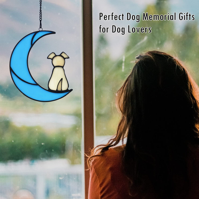 Lcensp Stained Glass Dog Memorial Gifts for Dog Lovers, A Light Yellow Dog Decor on Blue Moon Window Hangings Suncatcher, Loss of Dog Sympathy Gift, Pet Loss Remembrance Gifts in Memory of Dog(Yellow) - BeesActive Australia