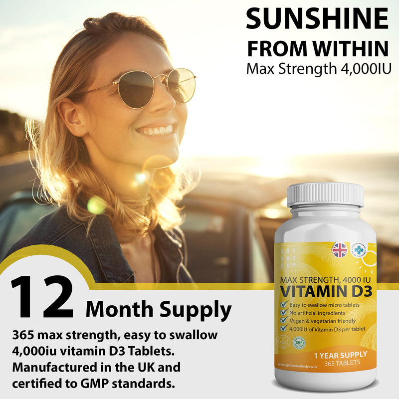 Vitamin D3 4000 IU Micro Tablets - 365 Day Supply, Easy to Swallow High Strength Premium Sunshine Vitamin | Max Strength Vitamin D Supplement, Vegetarian & Vegan Friendly, Made in UK by Grounded - BeesActive Australia