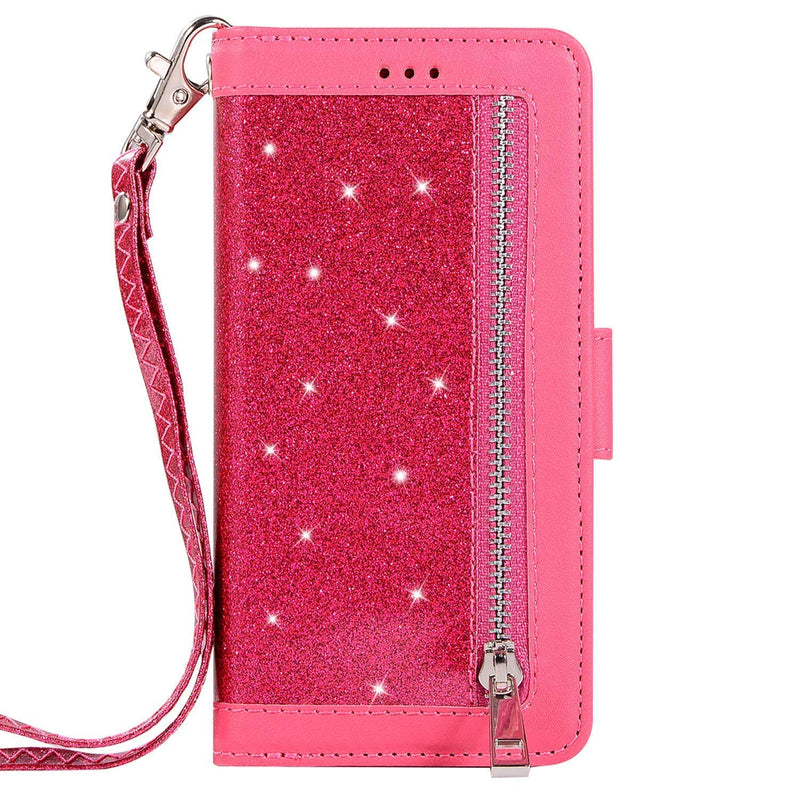 PHEZEN Case for iPhone SE 2020 Wallet Case,Sparkle Bling Glitter PU Leather Flip Folio Protective Case Multi-Function 9 Credit Card Holders with Zipper Coins Purse Cover for iPhone SE 2020,Red Red - BeesActive Australia