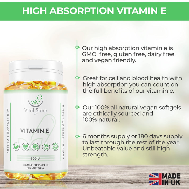 Vitamin E 500IU Vegan Softgels - 6 Month Supply 180ct - High Strength Vitamin E Oil Capsules - Alpha Tocopherol � 100% Natural & Vegan - BeesActive Australia