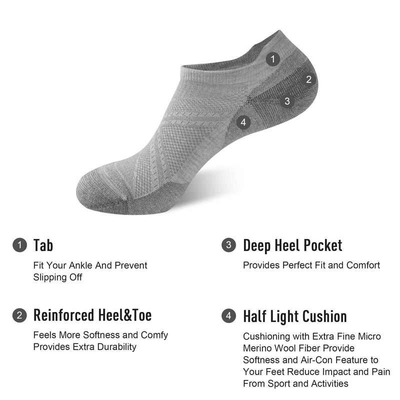 ECOEY ULTIMATE No Show Merino Wool Athletic Socks for Men and Women 2/4 Pairs Light Grey 4 Pairs 9-11 - BeesActive Australia