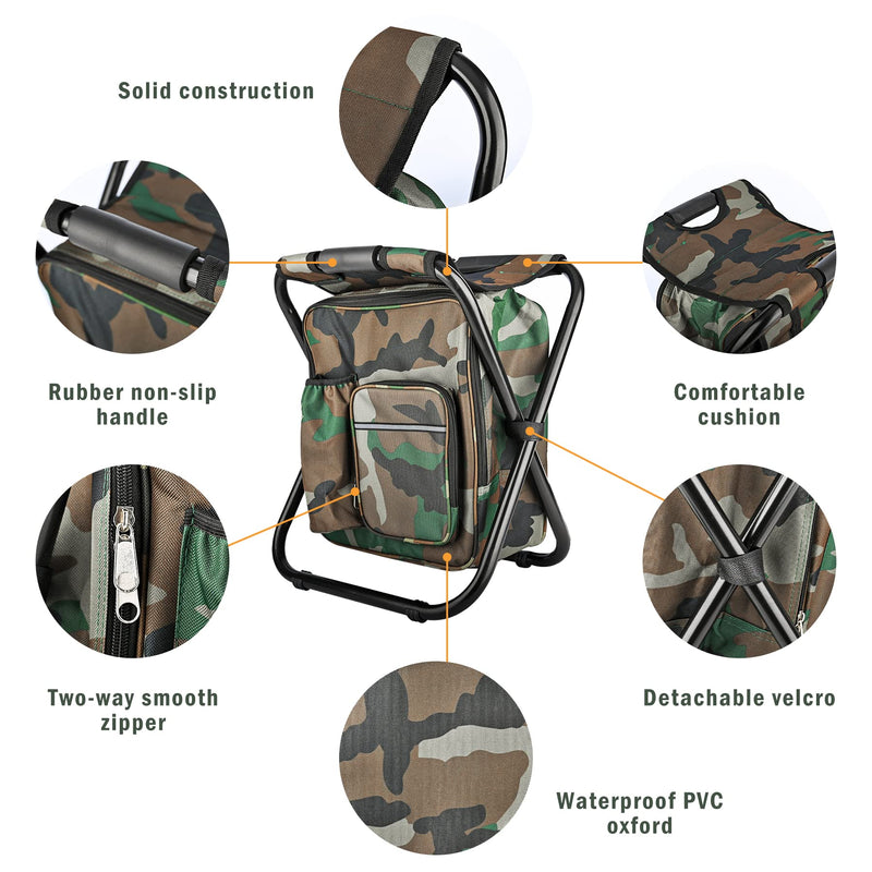 Folding Stool Backpack Insulated Cooler Bag, Collapsible Camping Hunting Fishing Multifunction Chair with Front Pocket and Bottle Pocket for Outdoor Events, Hiking, Travel, Beach Camouflage - BeesActive Australia