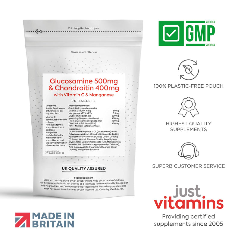 Glucosamine and Chondroitin High Strength (500mg/400mg) Complex x90 Tablets with Vitamin C + Manganese Max Strength Joint Care Combination Supplement for Men/Women (90% Yield Chondroitin Sulphate) UK - BeesActive Australia