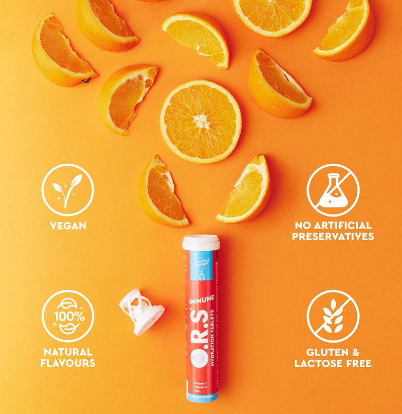O.R.S Immune Vitamin C Hydration Tablets with Electrolytes, Immune System Booster with Vites & Minerals, Vegan, Gluten & Lactose Free � Soluble Sports Oral Rehydration, Natural Orange Flavour, 20 Tabs - BeesActive Australia