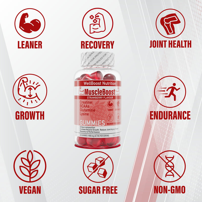 Muscle Boost - Recovery, Creatine, BCAA, Glutamine, Lysine, Chewable Gummies for Men & Women - 60 Gummies - 1900mg Active per Serving - Natural Strawberry Flavour, Suitable for Vegans - BeesActive Australia