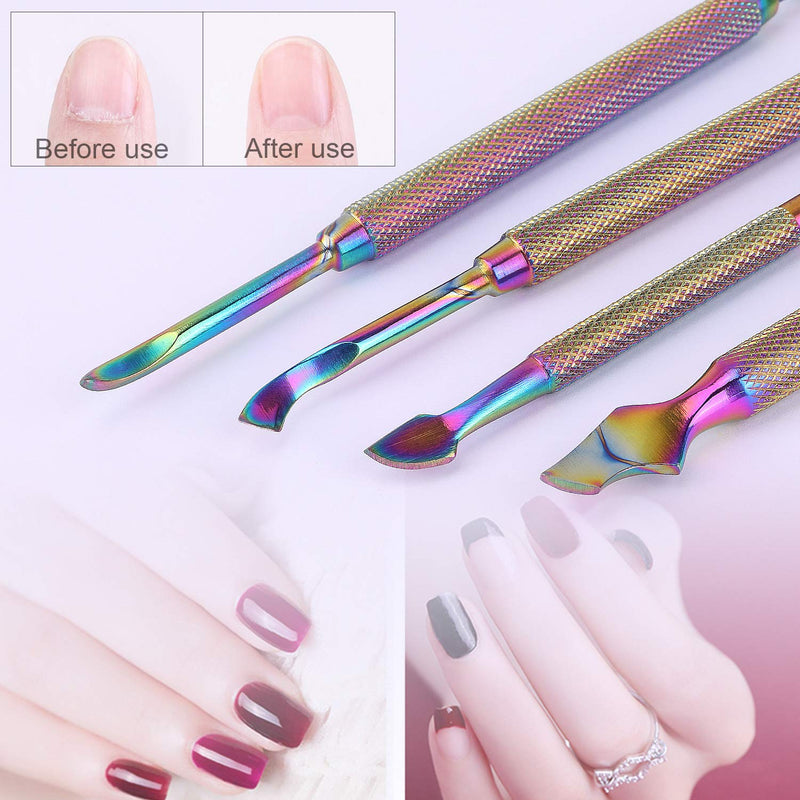 Mwoot 4 Pieces Cuticle Pusher Kit, Dual End Nail Gel Polish Removal Pushers, Rainbow Color Stainless Steel Manicure Tools for Fingernails and Toenails - BeesActive Australia