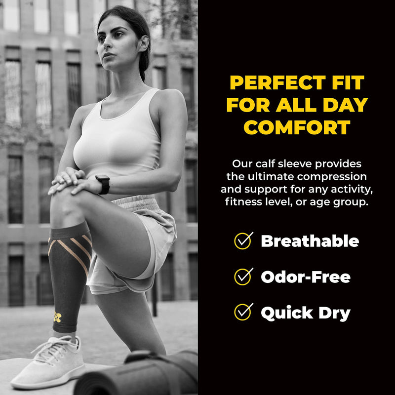 CopperJoint Calf Compression Sleeves for Men & Women - Leg Sleeve and Shin Splints Support - Ideal for Leg Cramp Relief, Varicose Veins, Running - 20-30mmHg Copper Infused Nylon Large Gold - BeesActive Australia