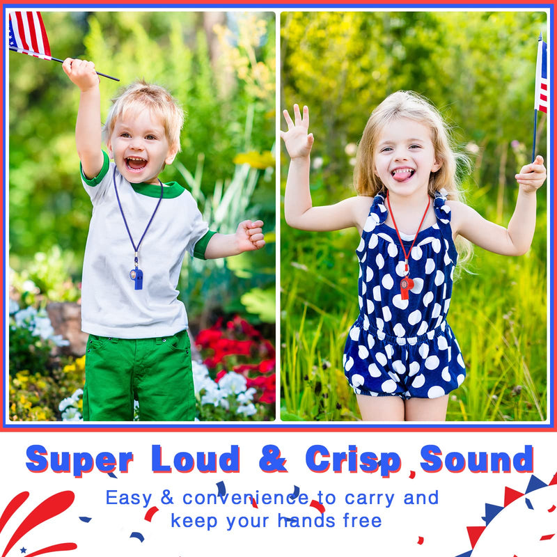 Wettarn 36 Pcs Emergency Whistle with Lanyard Independence Day Whistle for Kids with Patriotic Sticker Whistle Necklace Plastic Sports Whistle Party Favors for Classroom Home Training Red Blue - BeesActive Australia
