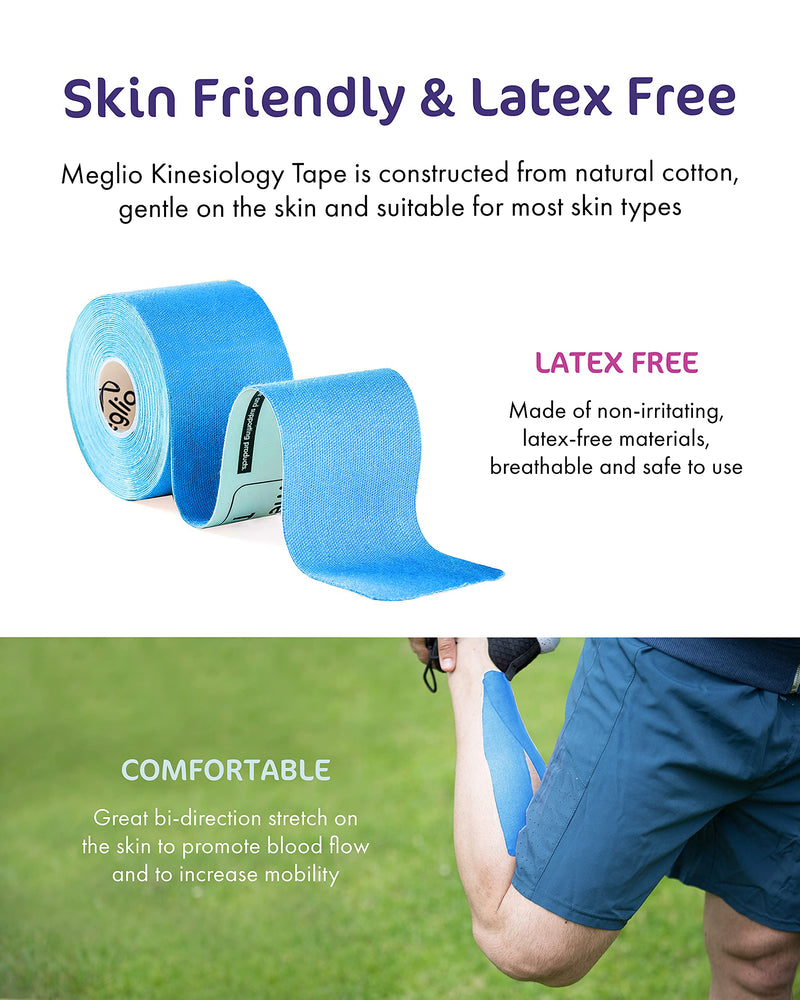 Meglio Kinesiology Tape - Uncut 5 Metre Roll - Therapeutic and Hypoallergenic - For Muscle Support & Sports Injury Recovery - Breathable & Waterproof - Knee, Ankle, & Wrist - Long Lasting Adhesive Blue - BeesActive Australia