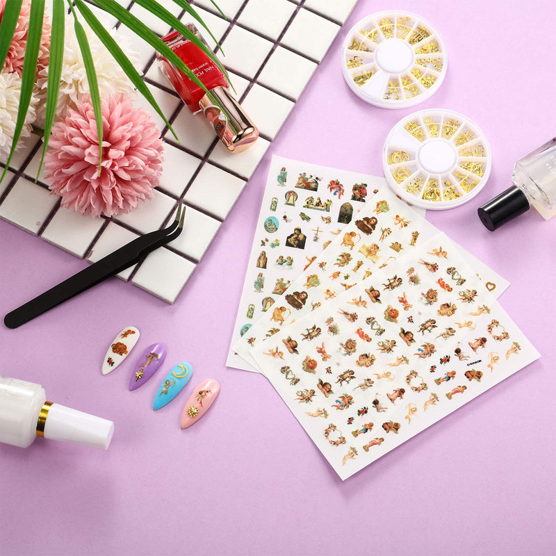 6 Sheets Angel Pattern Nail Stickers and 2 Boxes 3D Nail Art Metal Charms, Baby Angel Nail Art Stickers Self-Adhesive Nail Decals, Gold Metal Nail Studs Punk Star Cross Moon Gem Nail Art Jewel - BeesActive Australia