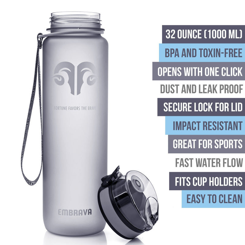 Embrava Best Sports Water Bottle - 32oz Large - Fast Flow, Flip Top Leak Proof Lid w/ One Click Open - Non-Toxic BPA Free & Eco-Friendly Tritan Co-Polyester Plastic Gray - BeesActive Australia