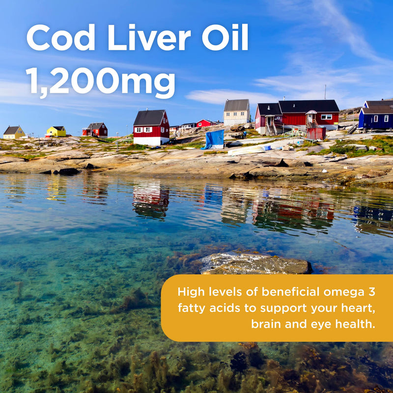 Healthspan Super Strength Cod Liver Oil 1,200mg (120 Capsules) | Supports Heart, Brain & Eye Health | Added Vitamin A, D3 and Calcium | Rich in Omega-3 Fatty Acids DHA & EPA | Sustainably Sourced - BeesActive Australia