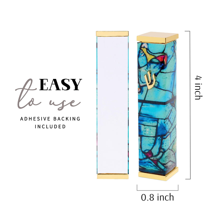 SURI Mezuzah Case - 4 Inch Modern Mezuzah for Door with Turquoise Marc Chagall Design, Made of 24K Gold-Plated Aluminum. Gift Box & a Non-Kosher Scroll are Included Turquoise & Gold - BeesActive Australia
