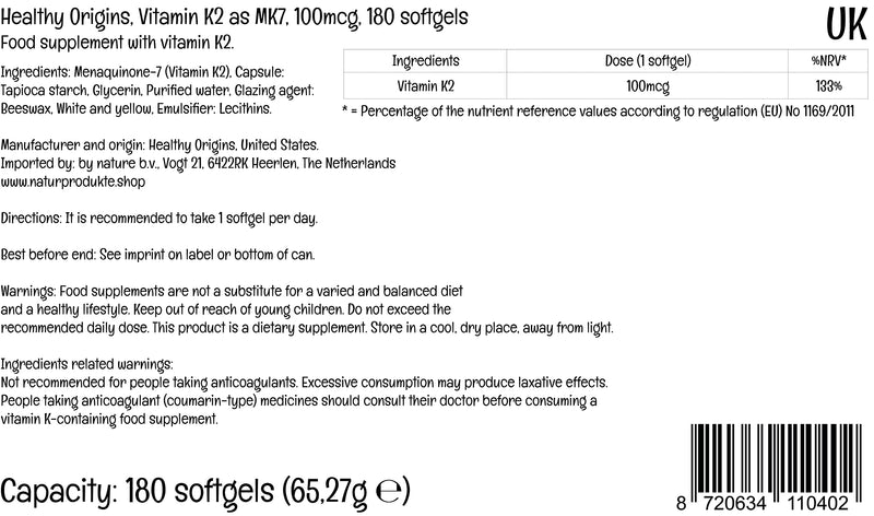 Healthy Origins, Vitamin K2 as MK-7, 100 mcg, 180 Vegetarian Softgels, Laboratory Tested, High Strength, Gluten Free, SOYA Free, Non-GMO - BeesActive Australia