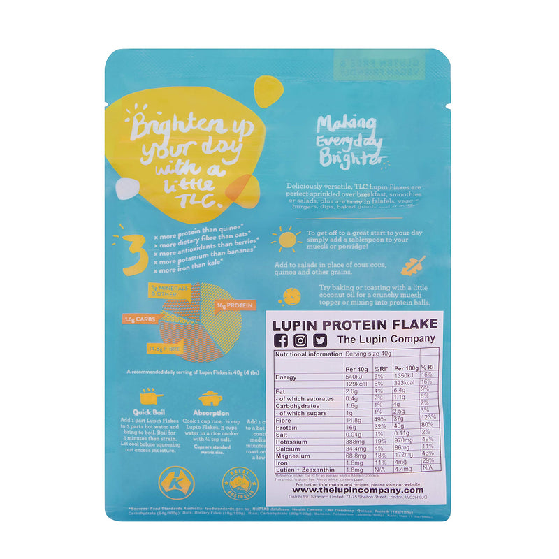 TLC Lupin Protein Flakes - 400g pack. Vegan, Gluten-Free, Low-carb, Keto. 40% Protein, Complete Protein Source. 100% Natural Product. - BeesActive Australia