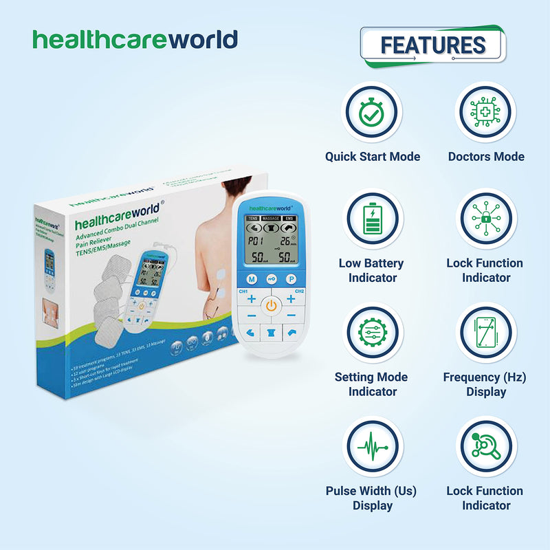 TENS Machine Plus EMS Massager Combo Device TENS Muscle Stimulator & Massage Dual Channel Pain Reliever by Healthcare World - BeesActive Australia