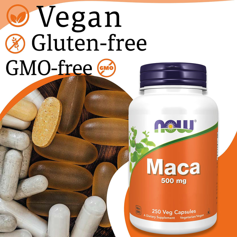 Now Foods, Maca, 500mg, 250 Vegan Capsules, Lab-Tested, Vegetable, Gluten Free, SOYA Free, Vegetarian - BeesActive Australia