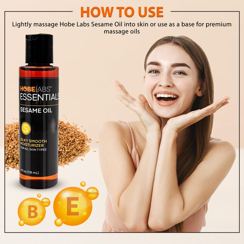 Hobe Labs Sesame Oil - 4 oz - Natural Moisturizer for All Skin Types, Antioxidant & Vitamin Rich Formula, Premium Massage Oil with Light Texture to Rejuvenate and Revitalize - BeesActive Australia