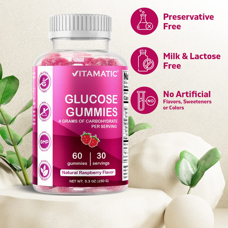 Vitamatic Glucose Chweble Gummies - 60 Count - Natural Raspberry Flavor - 4G of Carbohydrate per Serving - BeesActive Australia