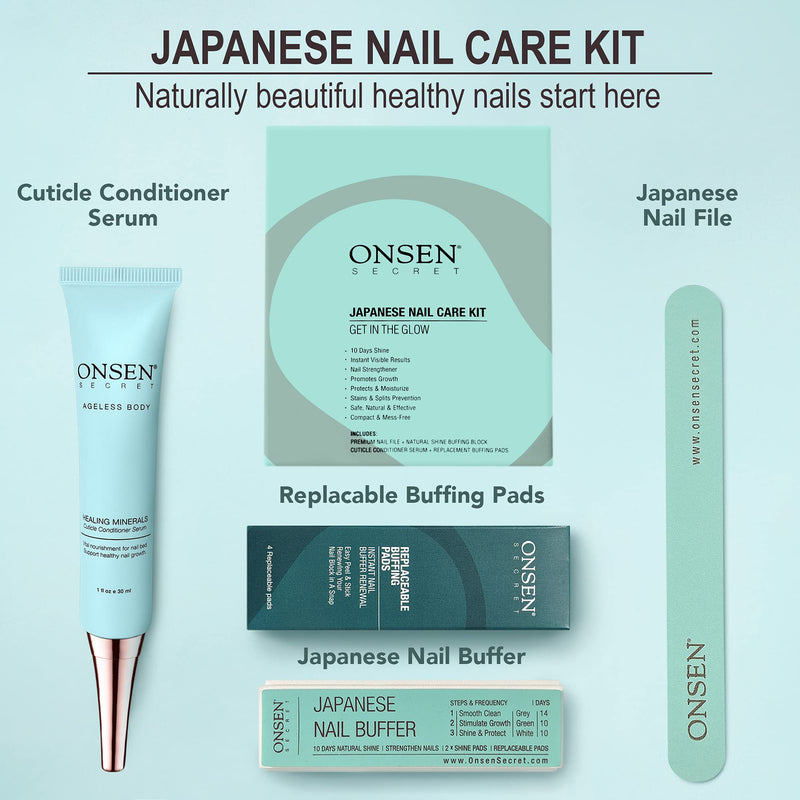 Onsen Japanese Nail Buffer and Shine Kit - Professional Nail File, 3-Way Nail Buffer Block with Free Replacement Pads and Nail Strengthening Cuticle Cream for Healthy Nails, Nail Care Kit, 2pk 2 Count - BeesActive Australia