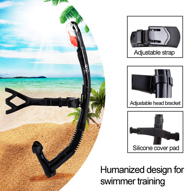 EXP VISION Dry Snorkel, Adult Dive Snorkel Free Breath Diving Snorkel Tube Food-Grade Silicone Mouthpiece Snorkeling Gear with Splash Guard Top Valve and Headstrap Clip for Snorkeling Swimming A-Black - BeesActive Australia