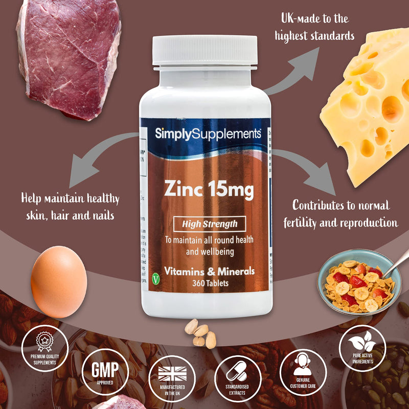 Zinc Tablets 15mg | High Strength Zinc Supplement Provides 150% NRV | Vegan & Vegetarian Friendly | Support for Immune System, Hair & Fertility | 360 Tablets | Manufactured in The UK - BeesActive Australia