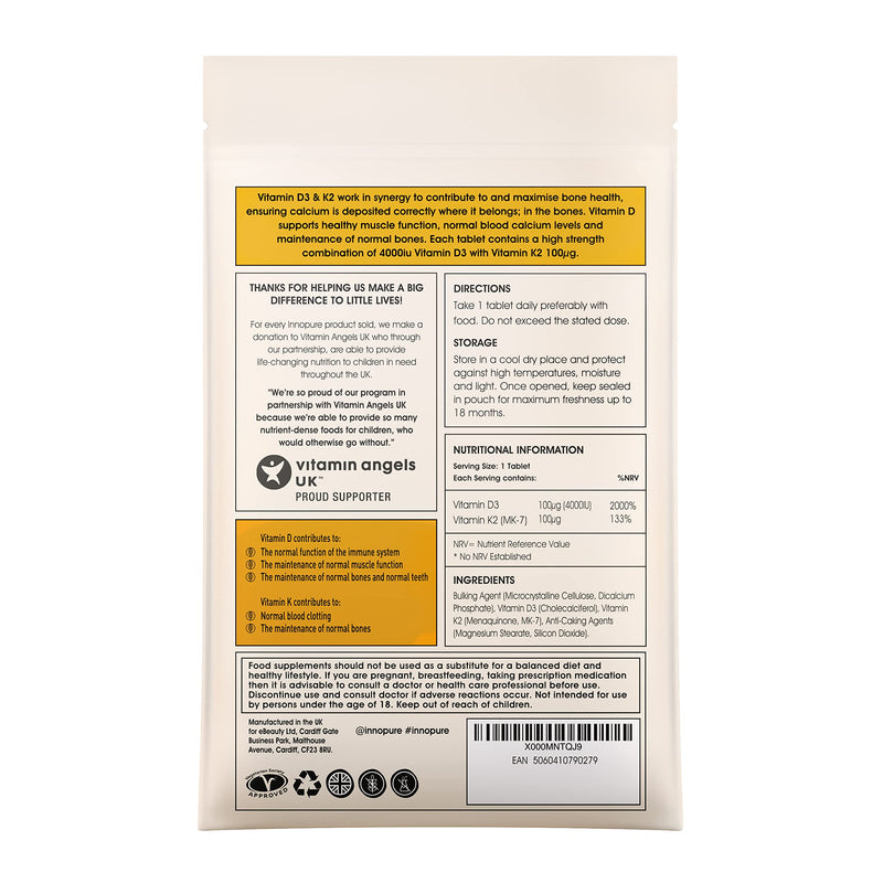 INNOPURE Vitamin D3 4,000IU & K2 MK-7 Natto Derived, 100�g - 120 Tablets - 4 Months Supply - Approved by The Vegetarian Society - UK Made by Innopure - BeesActive Australia
