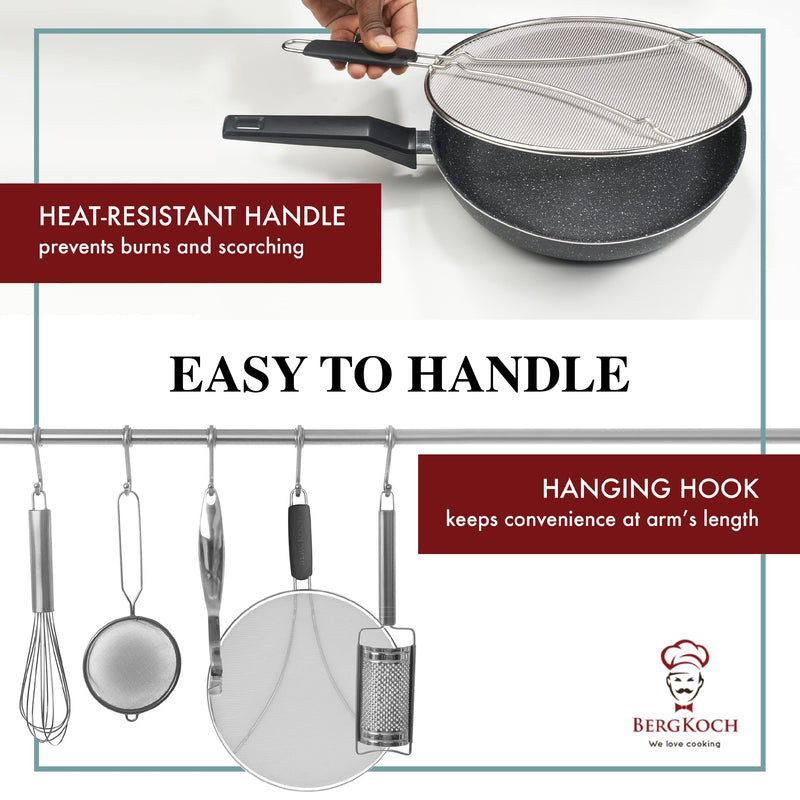 BergKoch Splatter Screen for Frying Pan - 13 Inch Stainless Steel Grease Splatter Guard - Cover Oil Splash when Sizzling Bacon, Cooking Fried Chicken or Popcorn 13-inch - BeesActive Australia