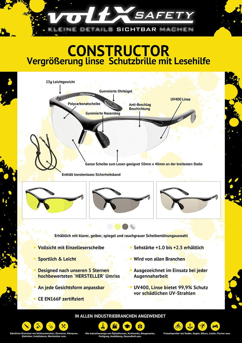 voltX 'Constructor' SAFETY READERS Full Lens Reading Safety Glasses UKCA & CE EN166f certified (+1.0 Dioptre, Mirror) � Wraparound Style � Anti fog coated UV400 lens +1.0 Dioptre Mirror - No Case - BeesActive Australia
