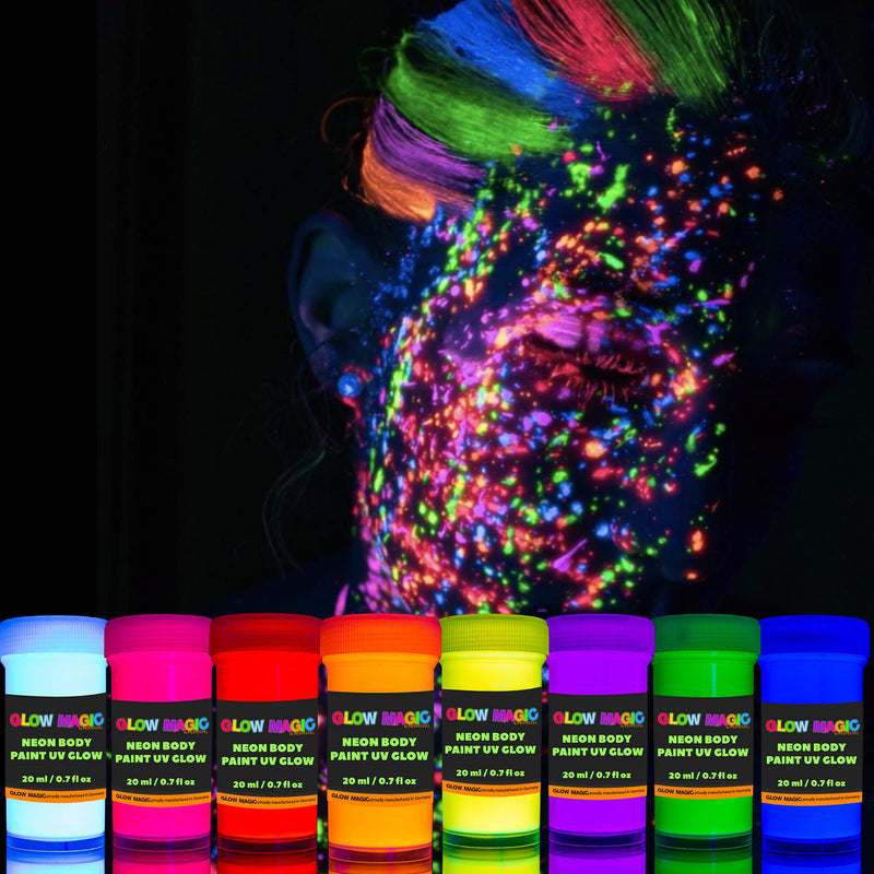 individuall Glow Magic Neon UV Body Paint Set – 8 x 20 ml / 0.7 fl oz  – Black Light Make Up – Bodypainting Neon Blacklight Bodypaint Face & Finger Paints - BeesActive Australia