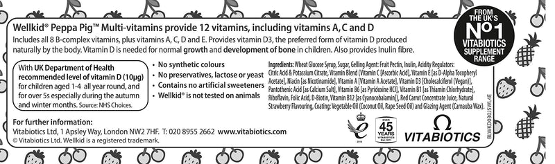 Wellkid Peppa Pig Chewable Gummy Vitamins by Vitabiotics - UK's No. 1 Vitamin Company. Kids Multivitamin formula with Vitamin A B C D and E - BeesActive Australia