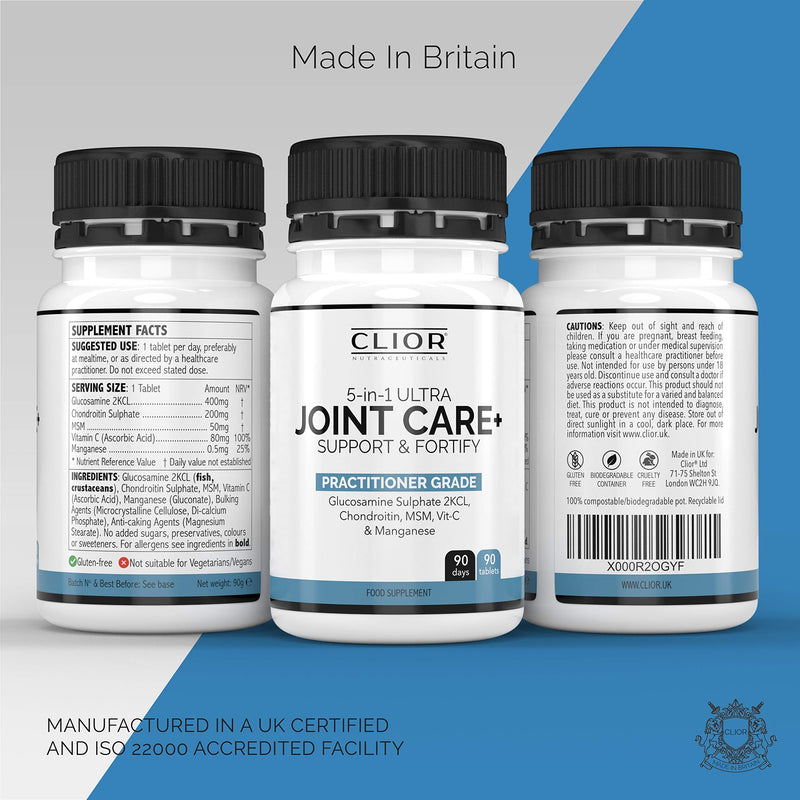 5-in-1 Ultra Joint Care x 90 High Strength Tablets (3 Months Supply) inc. Glucosamine Sulphate 2KCL, Chondroitin, MSM, Manganese, Vitamin C | Practitioner Grade Joint Support by Clior (UK) - BeesActive Australia