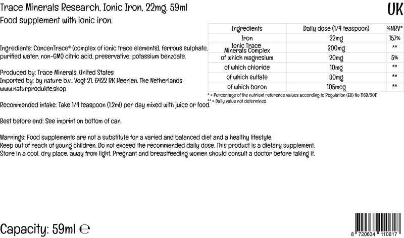 Trace Minerals, Ionic Iron, 22 mg, 59 ml, Laboratory Tested, Gluten Free, SOYA Free, Vegan, Non-GMO - BeesActive Australia
