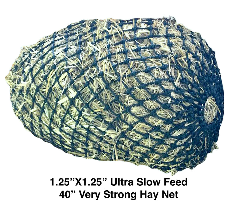 Majestic Ally 1.25”x1.25” Holes Ultra Slow Feed 40” Very Sturdy Hay Net with Bottom Ring for Horses, Nylon Rope Hanging, Adjustable Travel Feeder for Trailer and Stall, Reduces Waste Black - BeesActive Australia