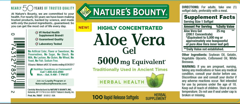Nature's Bounty Aloe Vera Gel 5,000 mg, 100 Softgels - BeesActive Australia